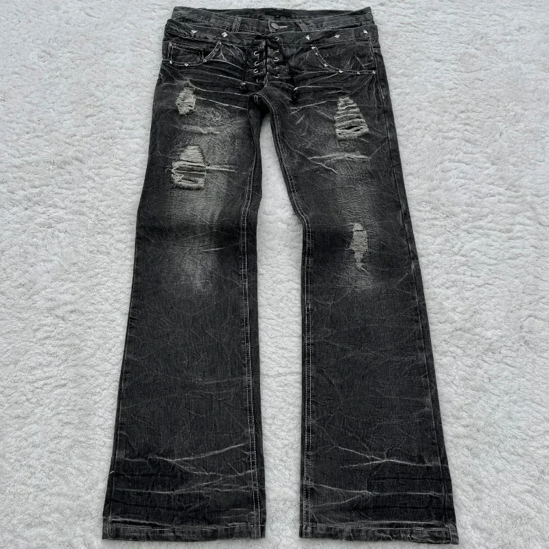 Y2K Retro jeans damaged washed holes Gothic style jeans high quality trend double waisted Add nails men women long flared pants