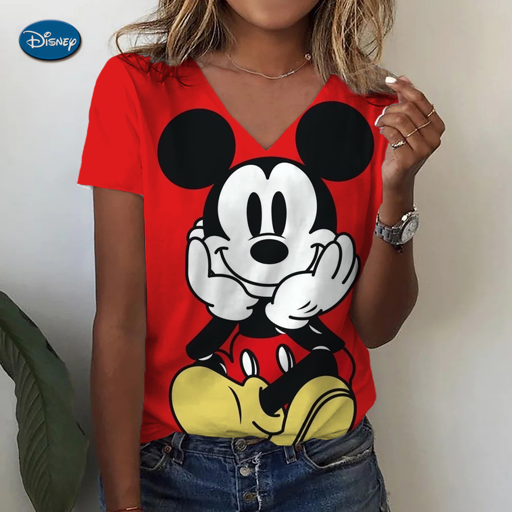 Camisetas con estampado 3D de Mickey Mouse de Disney para mujer, ropa informal de verano de manga corta con cuello en V, ropa de Hip Hop Harajuku Y2K