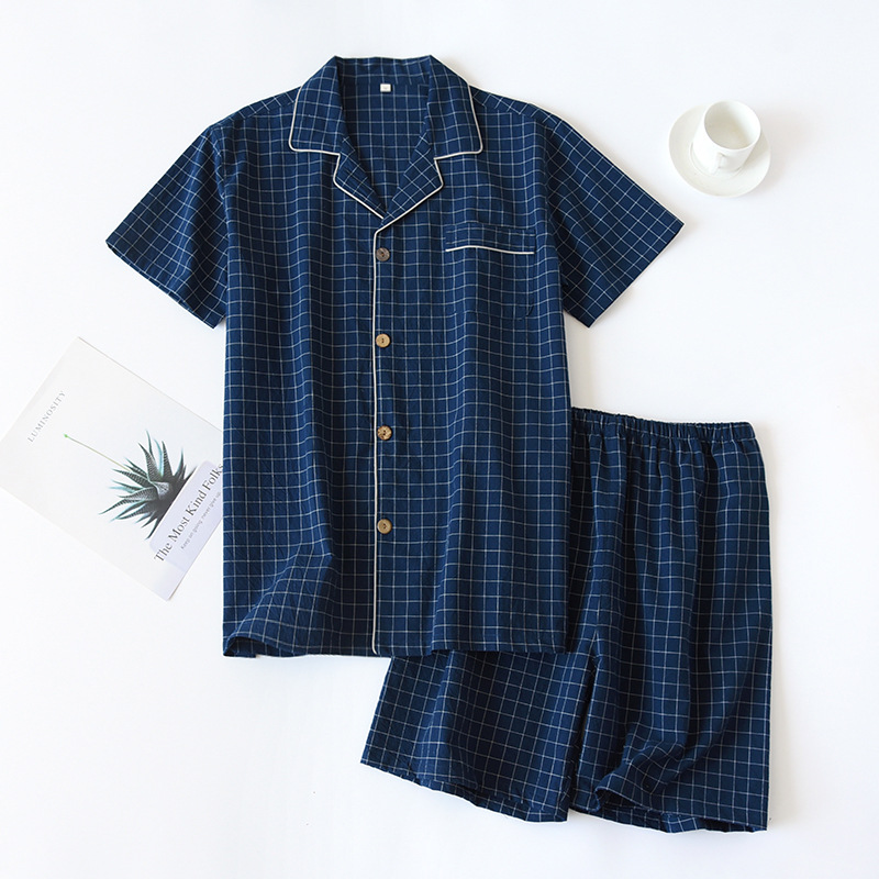 High Quality and Durable Men Cotton Pajama Set Single-Line Checkered Matching Loungewear Checkered Cardigan Shorts Sleepwear