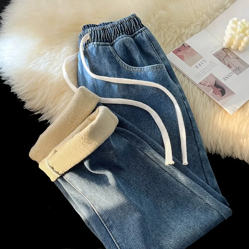 Pantalones vaqueros de invierno de pierna ancha para hombre, Vaqueros rectos con cintura elástica de pana, Vaqueros informales Vintage de nueva Juventud