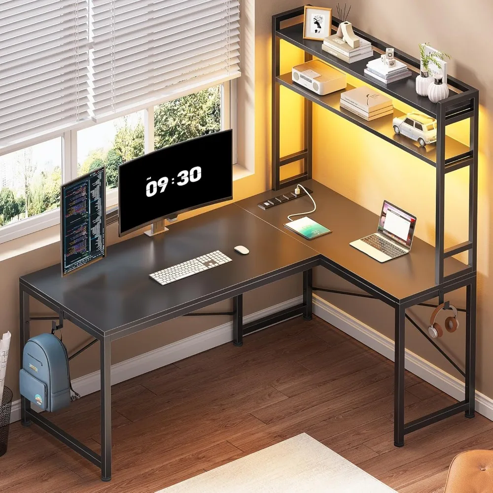 L Shaped Gaming Desk, Reversible 45.3” Small Corner Desk with Power Outlet and LED Lights, Corner Gaming Desk with Storage Shel
