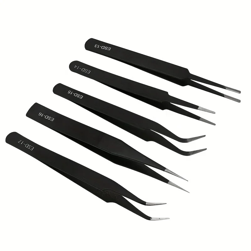 Precision ESD anti-static tweezers set -6-pc durable stainless steel tool for electronic repair and process modeling, bending&St