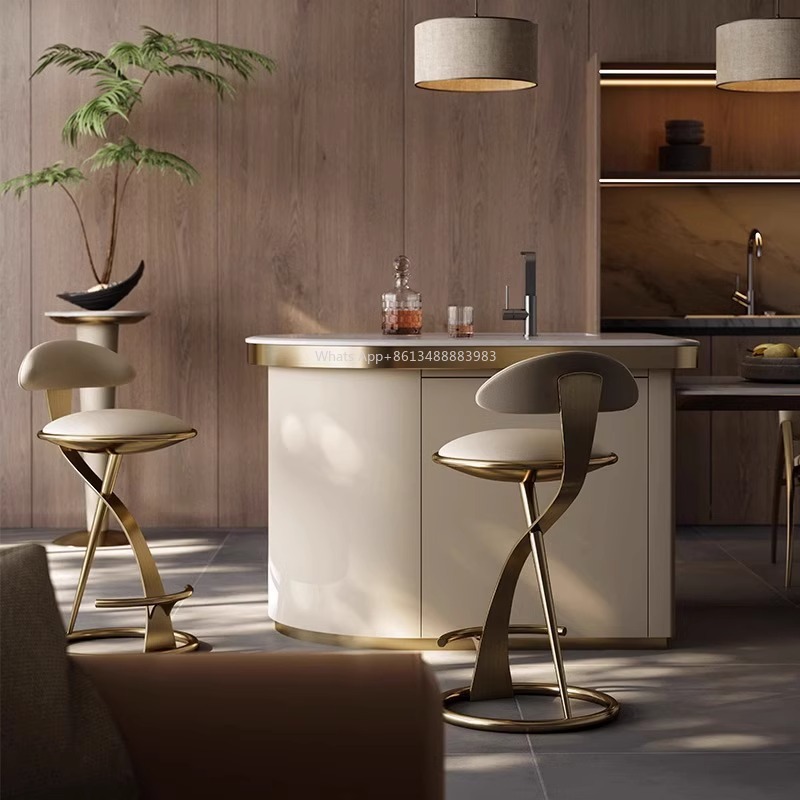 Hot HOT Light Luxury Italian Style Bar Counter High Stool Home Modern Bar High-end Hotel Metal Leather Art Backrest Single Chair
