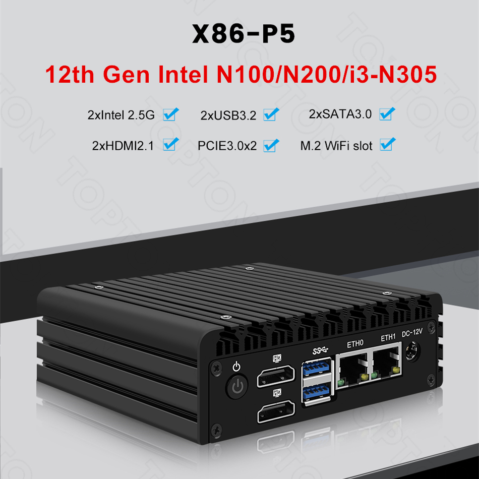 Topton P5 12th Gen Micro Firewall Computer Intel i3 N355 N305 N150 N100 DDR5 2xi226-V 2.5G LAN Fanless Mini PC Proxmox Server