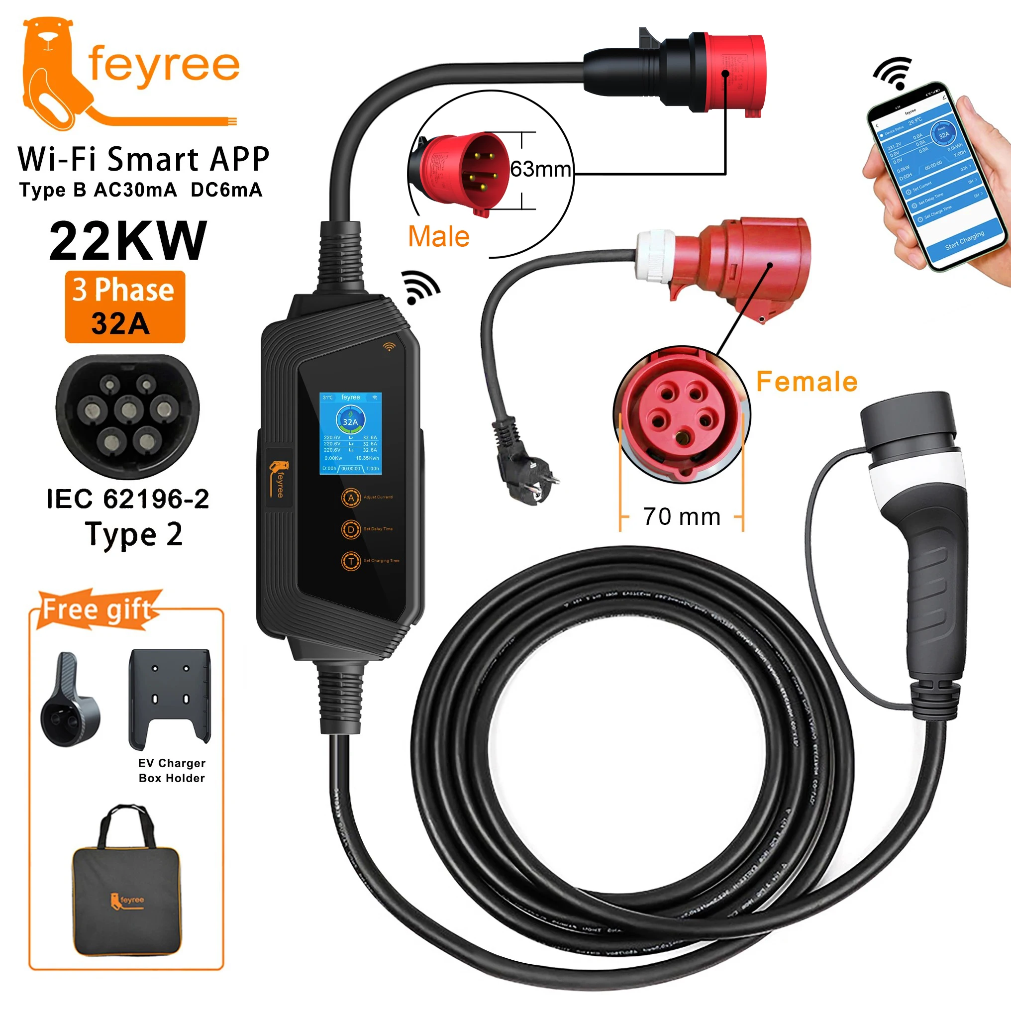 Feyree 22KW 32A 3 fases Type2 cargador EV portátil Wi-Fi APP Control EVSE caja de carga estación de carga para cargador de coche eléctrico