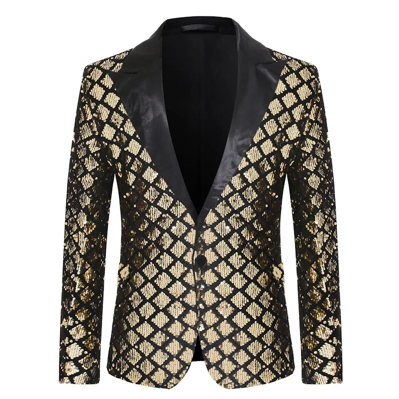 Moda Homens Luxuoso Lantejoula Xadrez Terno Jaqueta Ouro/Prata Cantor Anfitrião Stage Party Vestido Solto Blazer Casacos