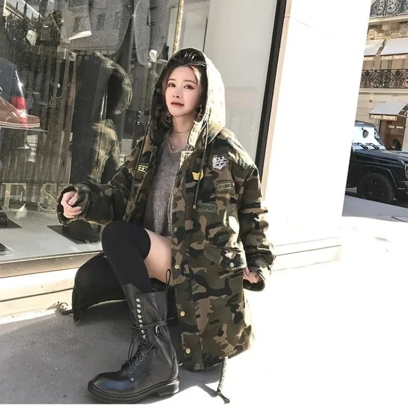 2023 inverno nova camuflagem algodão parkas para mulheres engrossado estilo longo moda versão coreana carga algodão acolchoado casaco roupas