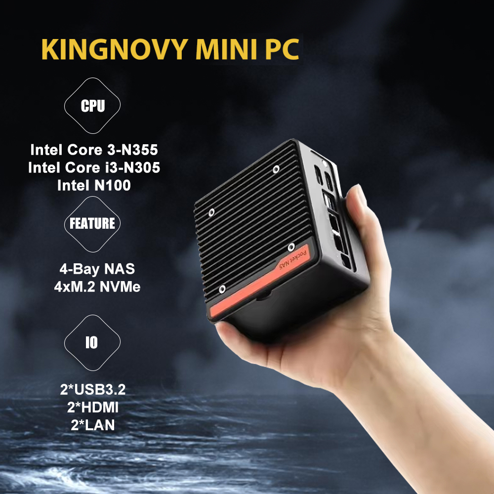Caliente 4 x NVMe Mini servidor NAS 4 bahías NAS N100 3 N355 PC de bolsillo con LAN Dual, HDMI Dual 2,0, USB3.2 Gen2, compatible con BT5.4/WiFi6/WiFi7