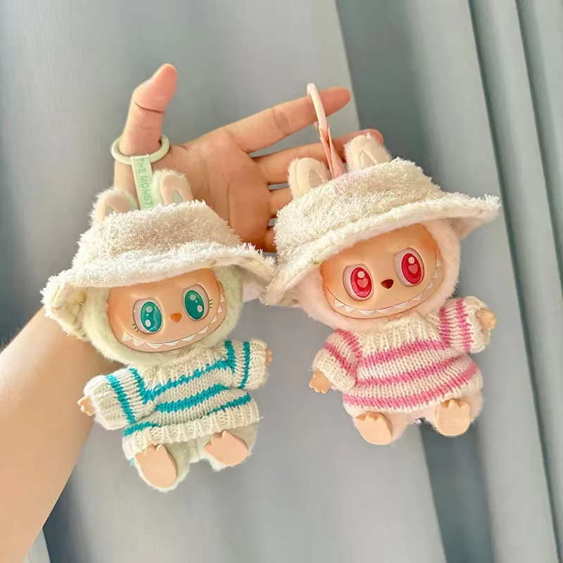 Mini ropa para muñecas, accesorios para Corea, Labubu V1 V2, ídolo, fiesta sentada, suéter a rayas rosas y blancas, ropa de copa