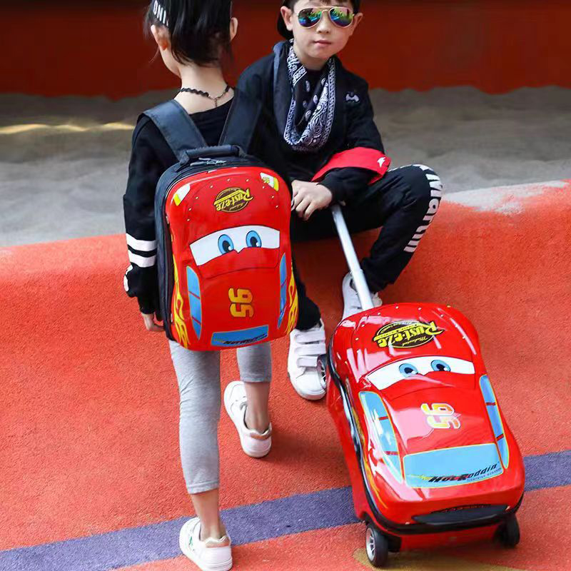 Crianças dos desenhos animados mala meninos podem andar 18 "trole caixa carro escola primária mochila com rodas 13" bagagem de viagem caixa de embarque