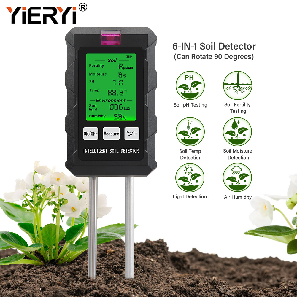 Medidor Digital de PH del suelo 6 en 1, fertilidad, humedad del suelo, luz solar, humedad ambiental, probador de temperatura, Monitor, Detector, analizador Soli de jardín