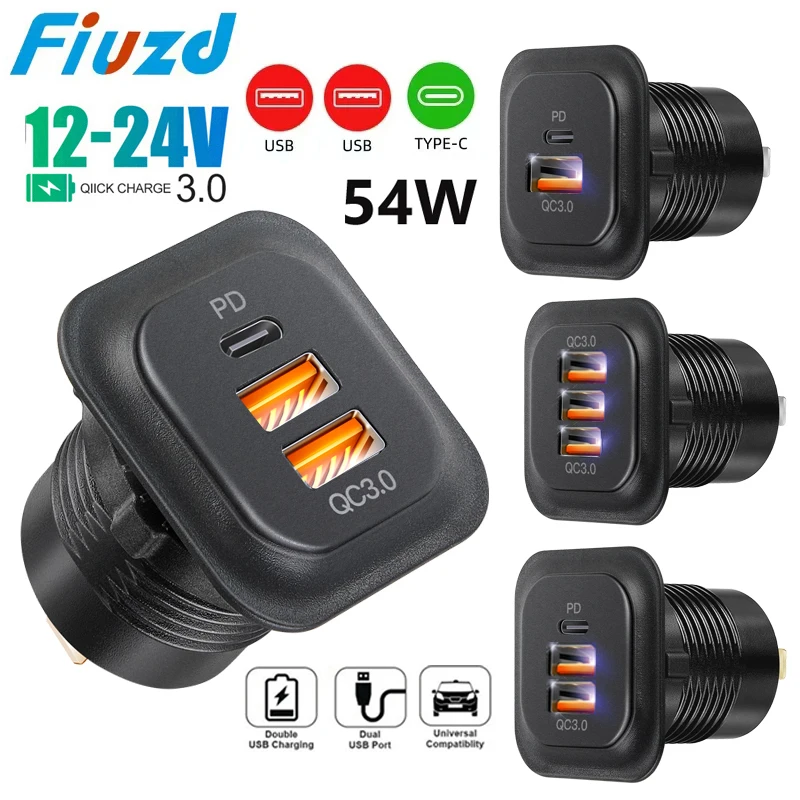 Автомобильное зарядное устройство PD3.0 и QC3.0, два порта USB C со светодиодной подсветкой, быстрая зарядка 12 В/24 В для адаптера Moto