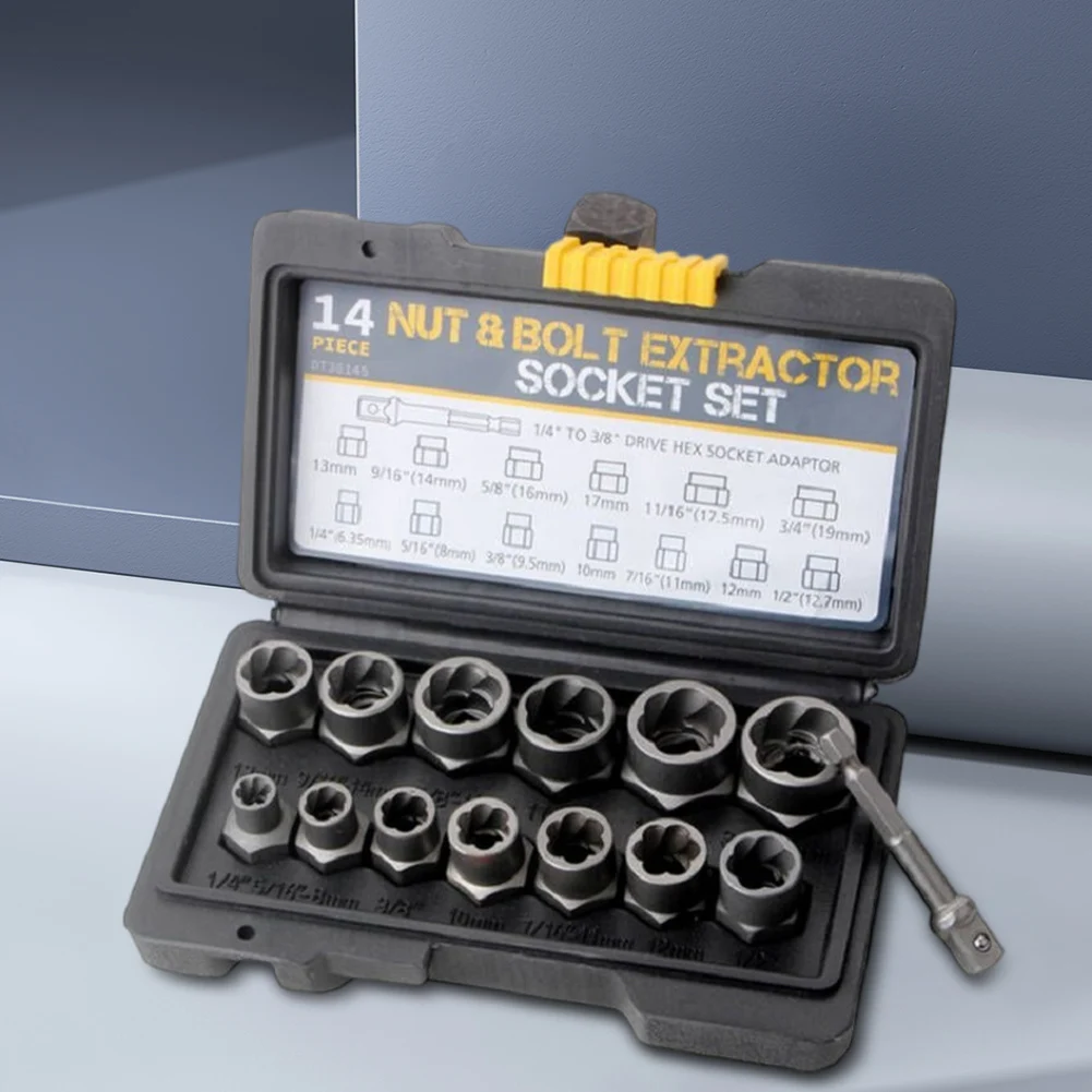 14 ชิ้นเสียหาย Bolt เครื่องมือกําจัด Bolt EXTRACTOR ชุดเครื่องมือกล่องเก็บเสียหาย Bolt NUT Remover EXTRACTOR SOCKET เครื่องมือ