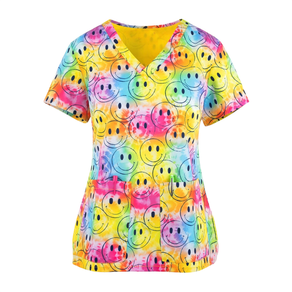 인쇄 스크럽 탑 여성 교사 앞치마 스크럽 유니폼 애완 동물 미용 간호사 스파 케어 셔츠 유니폼 de enfermería para mujer