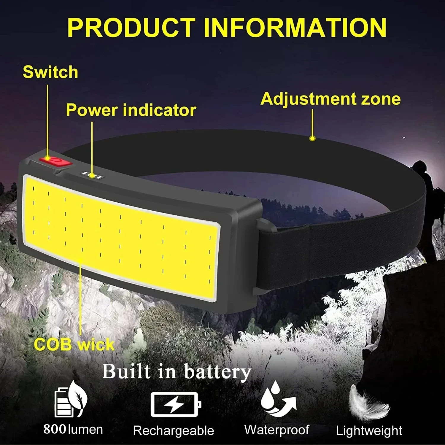 COB LED ไฟหน้าไฟฉาย 3 โหมด,แบตเตอรี่ในตัว USB ไฟหน้าแบบชาร์จไฟได้กลางแจ้งฉุกเฉินแคมป์ปิ้งตกปลาโคมไฟ