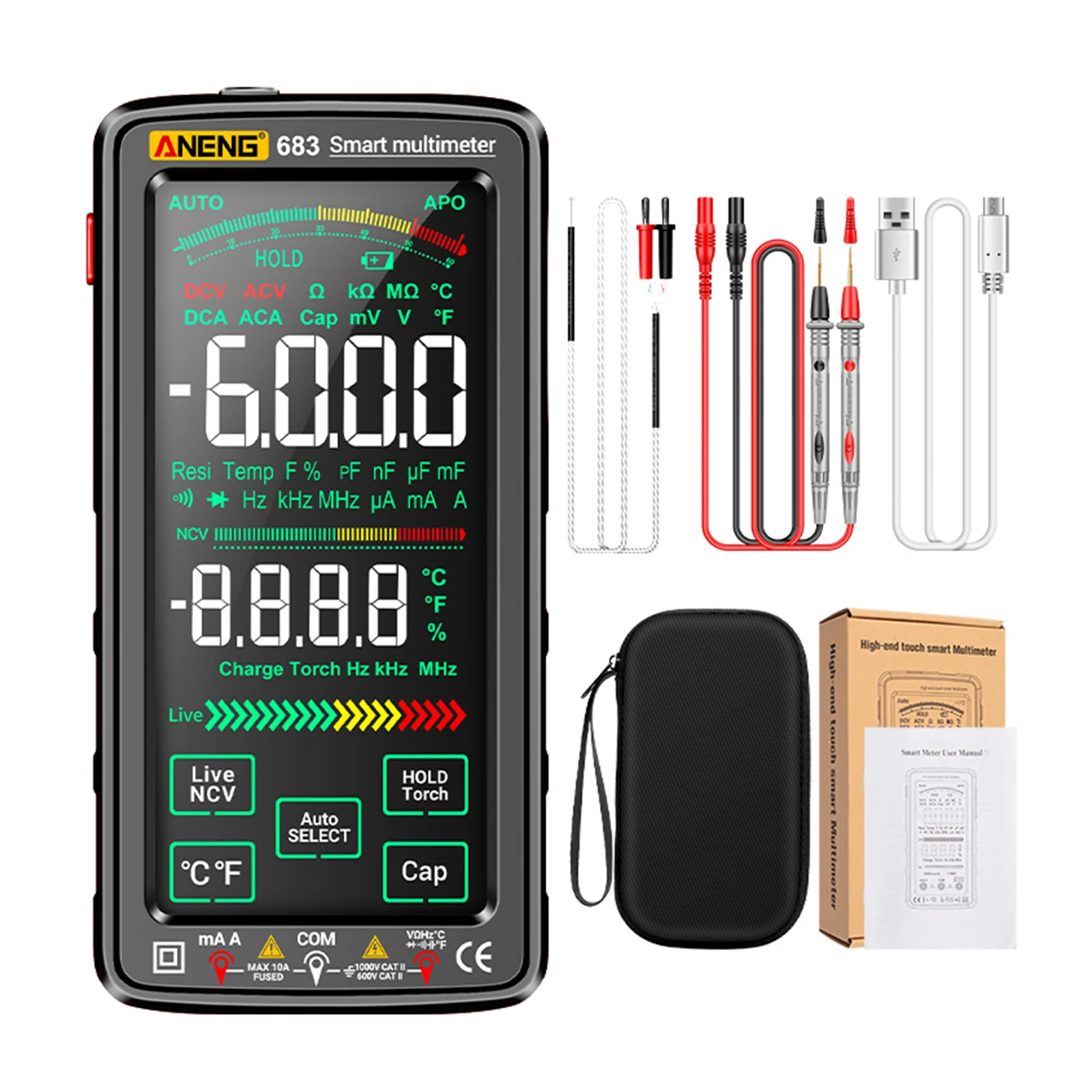 ANENG 683 6000 points grand écran tactile multimètre numérique intelligent Anti-brûlure compteur universel Rechargeable VA affichage inverse NCV