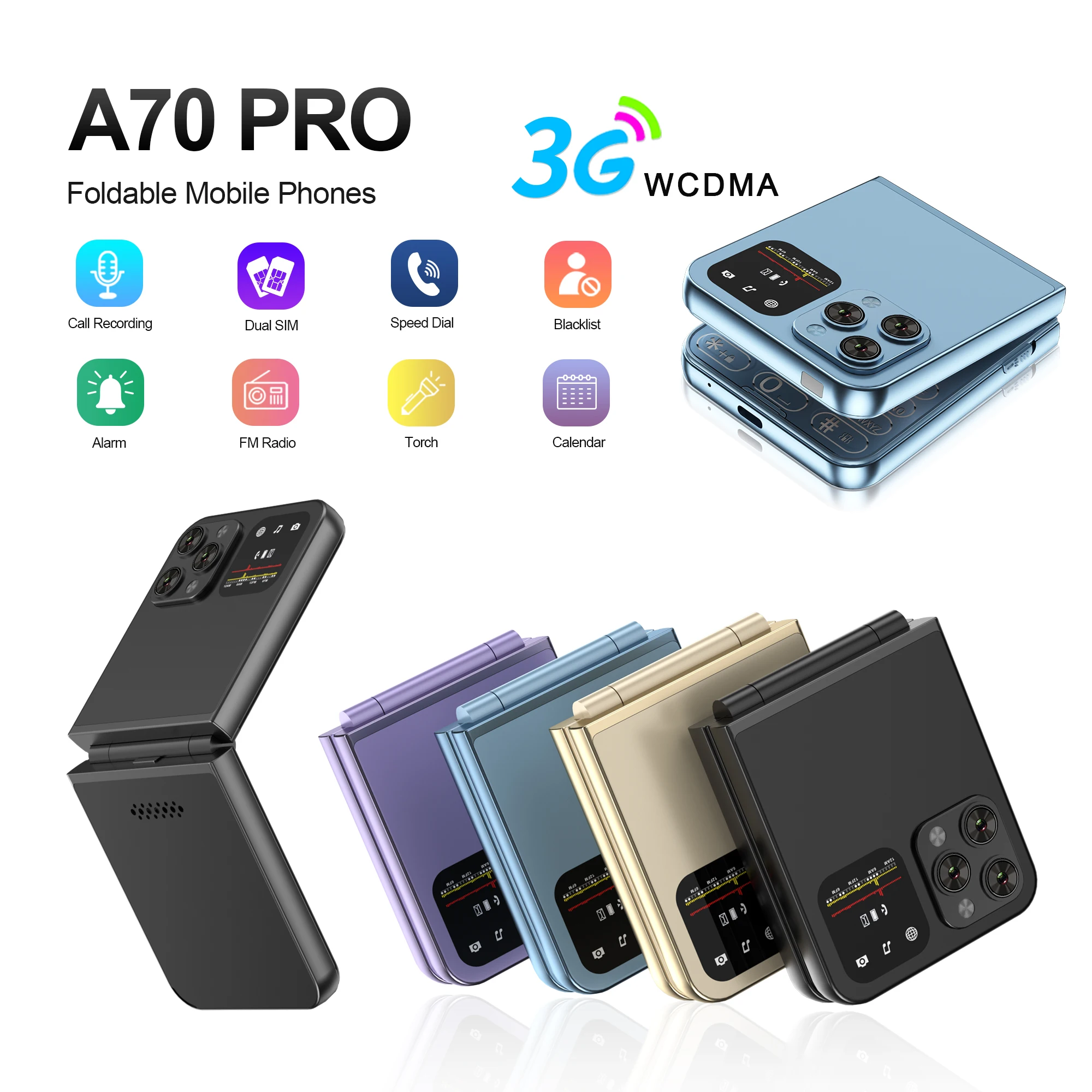เซอร์โว A70 โปร 180 °   พลิกโทรศัพท์มือถือ 3G WCDMA Dual SIM บันทึกการโทรอัตโนมัติ 2.6 นิ้วหน้าจอ HD ไฟฉายกระเป๋าปาล์มโทรศัพท์ TYPE-C