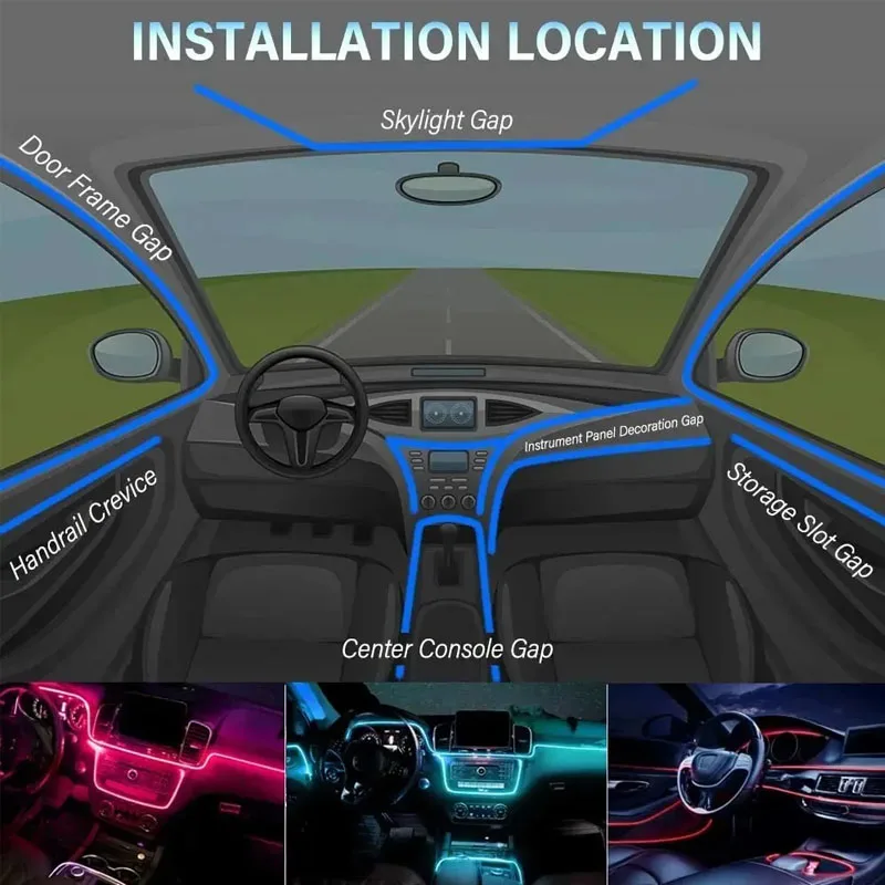 รถ RGB Ambient LED Light Strip 1/2/3/4/5M APP ควบคุม USB ไฟเบอร์ออปติกบรรยากาศโคมไฟนีออนภายในคอนโซลไฟตกแต่ง