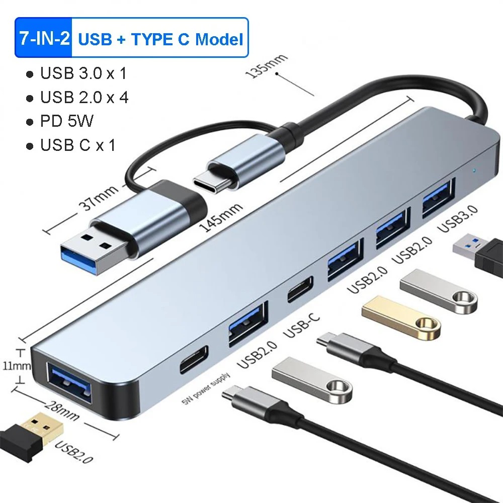 USB C Hub USB 3.0, extensor USB 7 en 1 de aluminio, divisor USB con 1 X USB 3.0, 4 X USB 2.0 y 2 puertos USB C