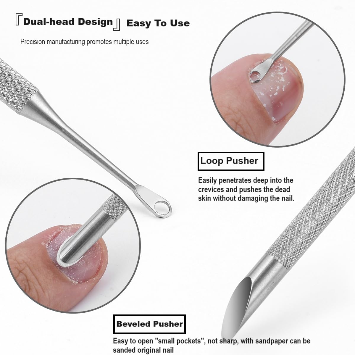 Double-Headed สแตนเลสสตีล Cuticle Remover เล็บ Pusher Exfoliation Prep เครื่องมือทําความสะอาด Dead Skin Circle BEVEL Shovel เล็บปากกา
