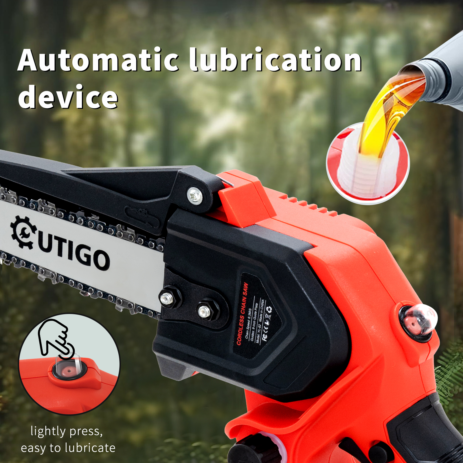 OUTIGO Tronçonneuse à batterie, Tronçonneuse 8 pouces,  2*3000mah, MINI Tronçonneuse sans fil, 4 chaînes+3 guides de chaîne