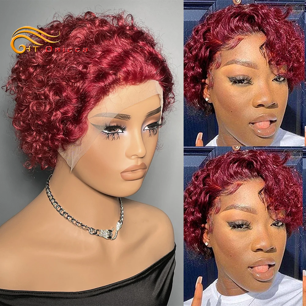 Pixie Cut Peruca de Cabelo Humano para Mulheres, Renda Transparente, Curto Encaracolado, Barato, Densidade 180, 13x1, 99J