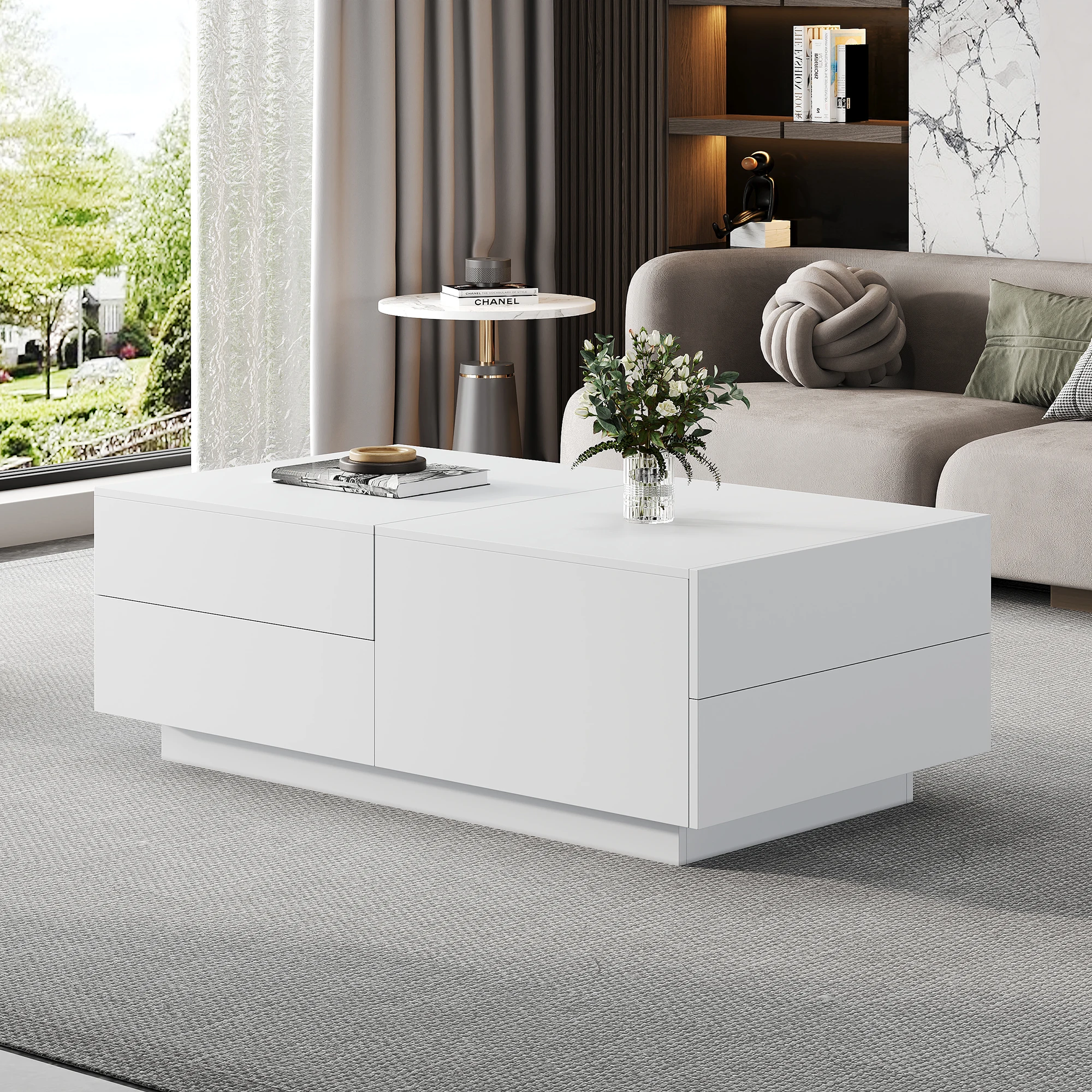 Mesa de centro moderna 90x55x45cm, mesa de sala de estar com tampo deslizante, 4 gavetas perfeitas para sala de estar elegante