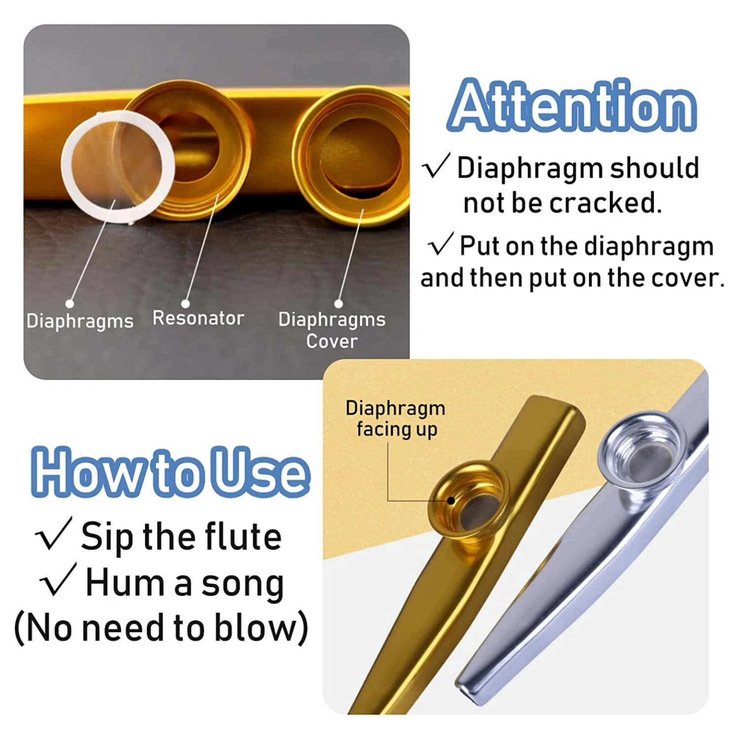 Kazoo Liga de Alumínio Dourado com Membrana Flauta Diafragma Boca Kazoos Instrumentos Musicais
