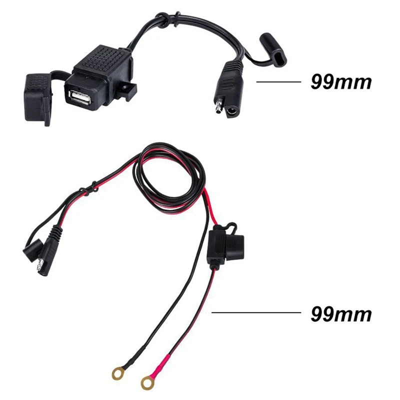 SAE to USB Cable Adaptor with Inline Fuse Motorcycle Waterproof Charger Quick 2.1A Fast Charging Port for Phone Tablets 12-24V