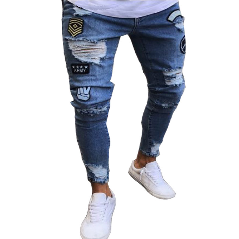 Calças de brim masculinas joelho buraco rasgado estiramento calças jeans magros cor sólida preto azul outono verão estilo hip-hop calças de ajuste fino S-4XL