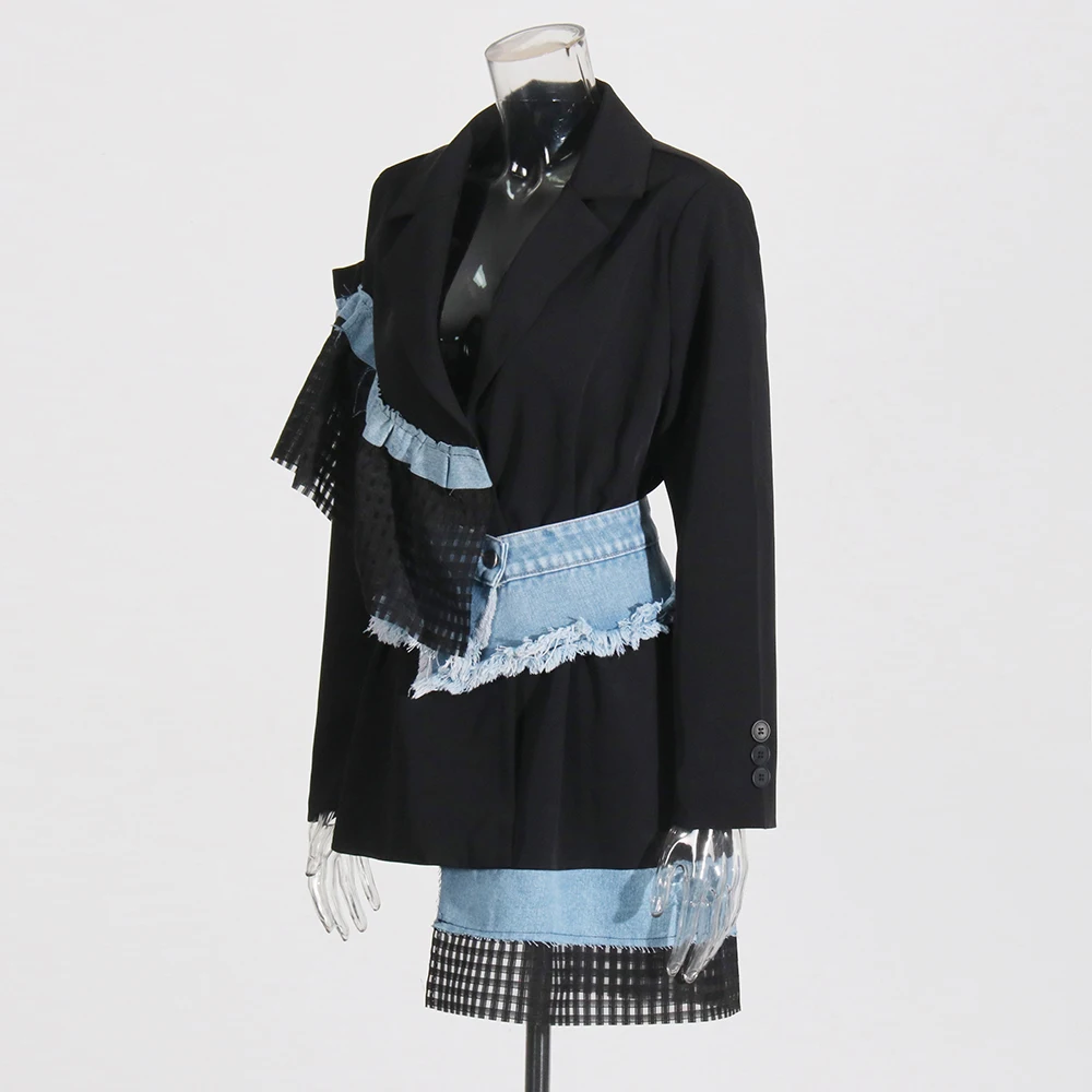 TWOTWINSTYLE Colorblock Hollow Out แจ็คเก็ตผู้หญิง Notched คอยาวแขนยาว Patchwork Denim แจ็คเก็ตวินเทจเสื้อผ้าหญิง