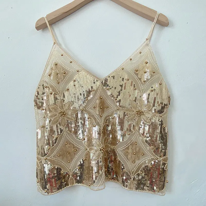 Camiseta sin mangas con cuello en V para mujer, Top ajustado Sexy, camisola holgada corta con tachuelas de lentejuelas industriales pesadas de verano