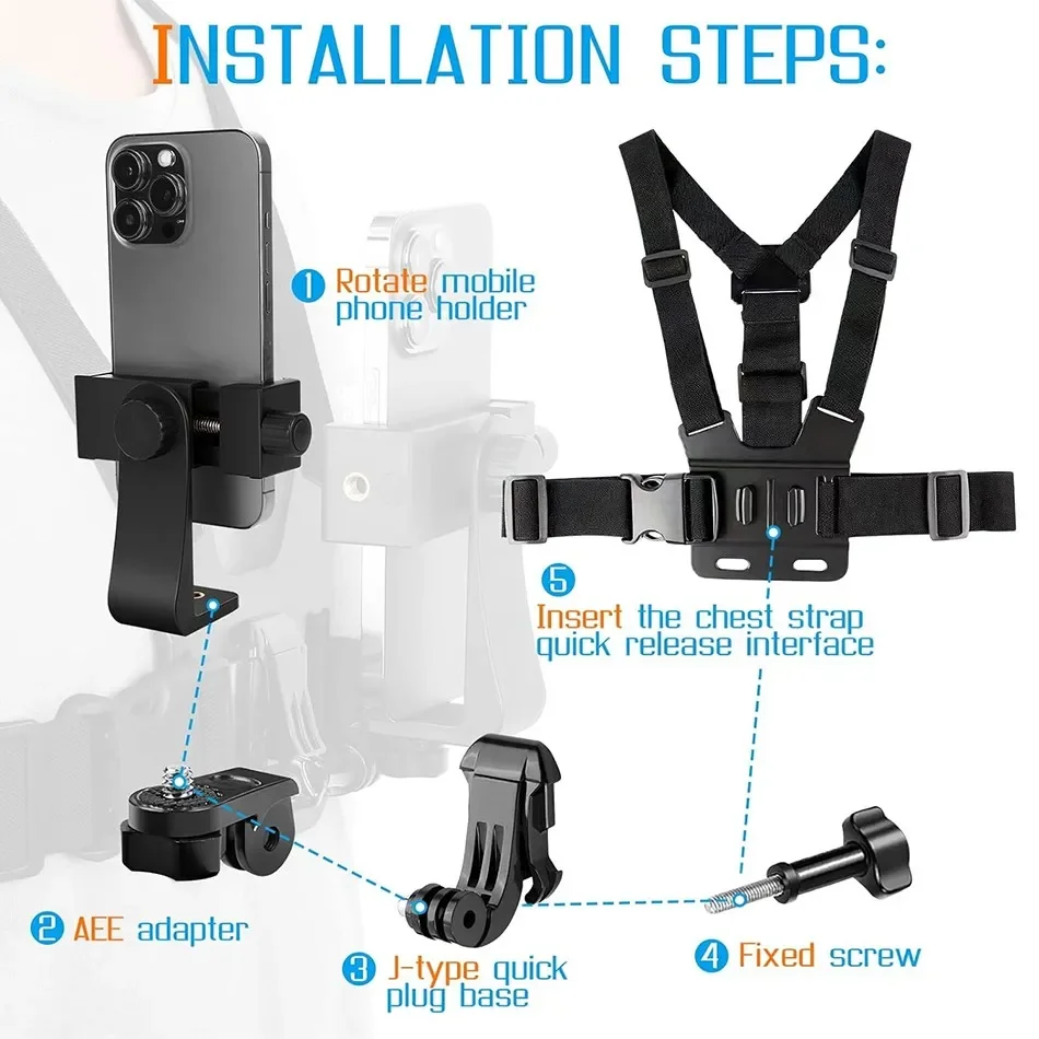 1 PC ปรับผู้ถือคลิปโทรศัพท์พร้อมสายรัดหน้าอก Fixation Bracket สําหรับกล้องกีฬาโทรศัพท์มือถือกล้องสีดําผู้ถืออุปกรณ์เสริม