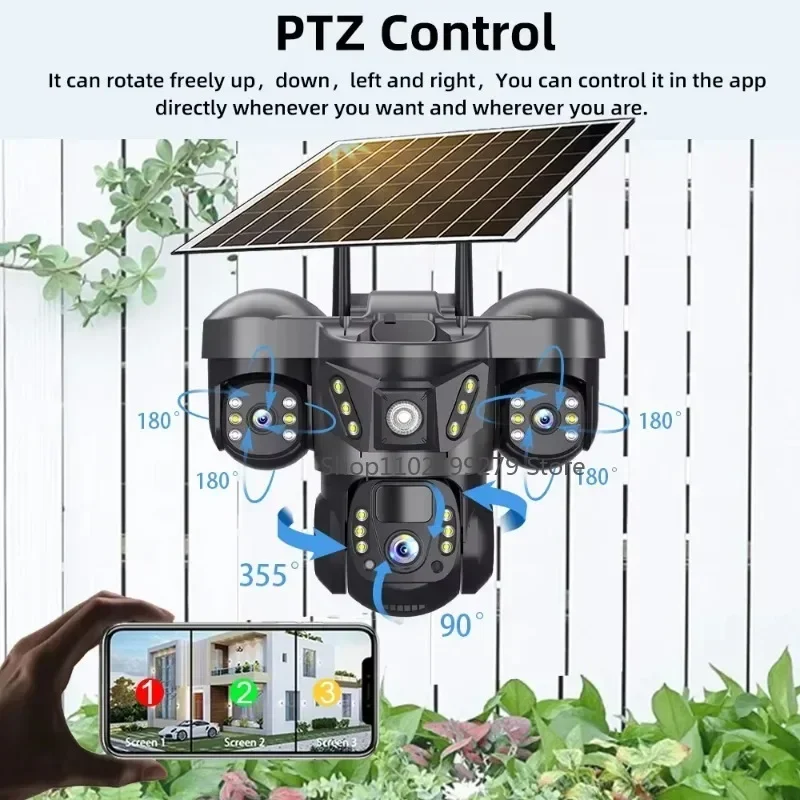 Caméra IP solaire 4G/WIFI 15MP, trois objectifs, trois écrans, moniteur étanche, Vision nocturne, Protection de sécurité, vidéosurveillance PTZ