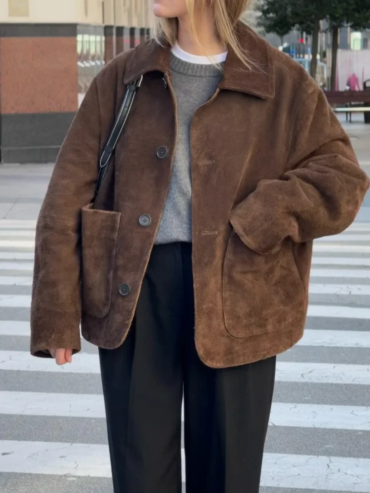Vintage Brown Lapel Women's Jacket With Pocket Casual Loose Single Breasted Long Sleeve Coat Chic Lady High Street Commute Coats
