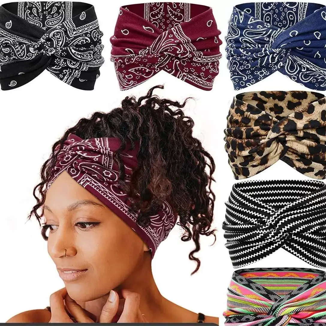 Breites Stirnband mit Bohemian-Print – wasserabsorbierend, Kreuzgurte, geeignet für Yoga, Laufen und den täglichen Gebrauch