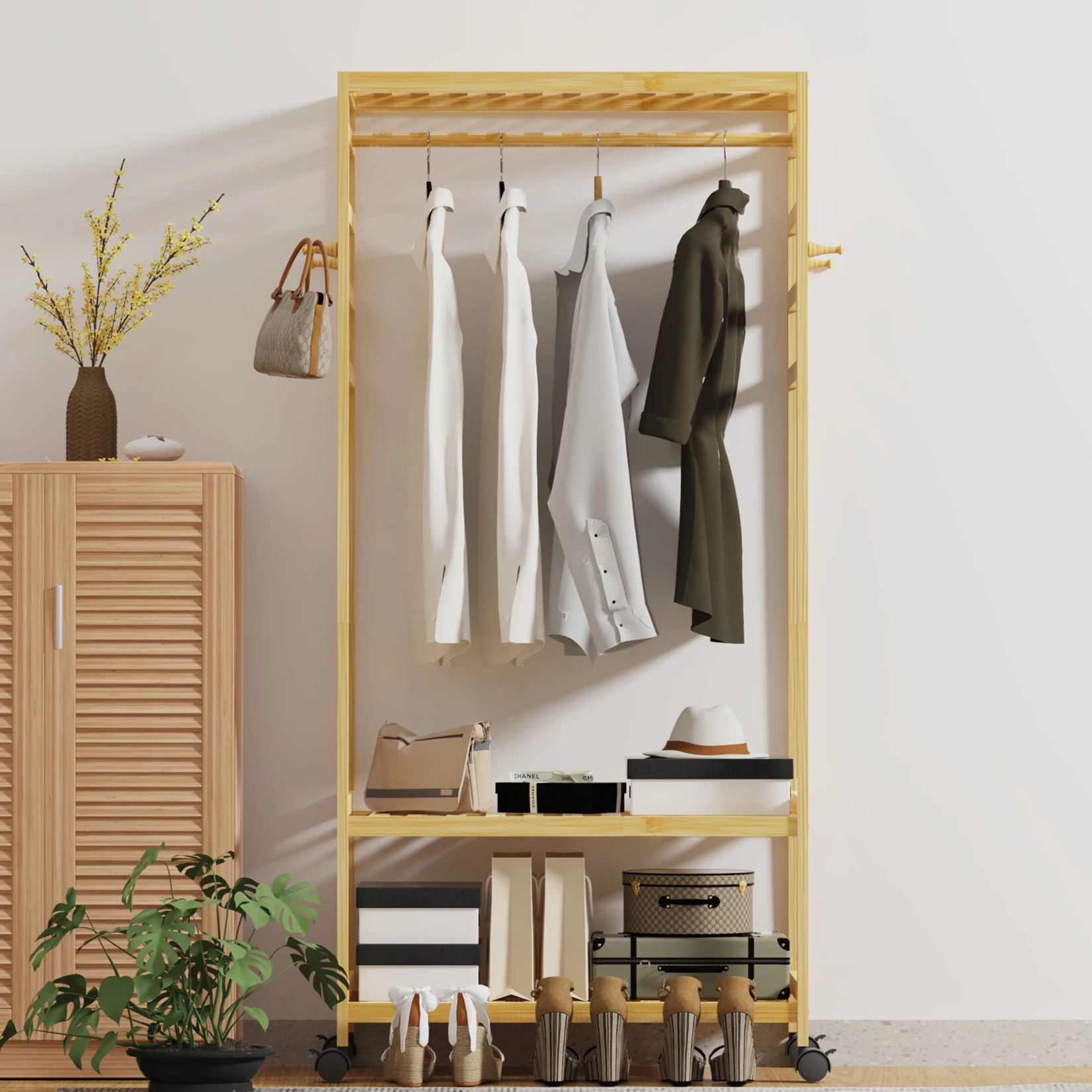Rolling Clothes Rack Bamboo Open Wardrobe Coat and Shoe Rack with 1 Bar and 4 Hooks