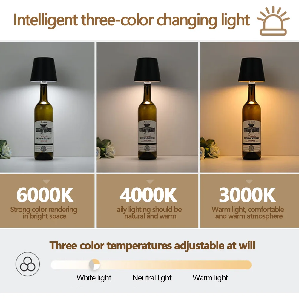 Lámpara de botella de vino, lámpara de mesa LED, luz nocturna de ambiente, 3 colores, atenuación continua, recargable, Control táctil, lámpara de botella de vino