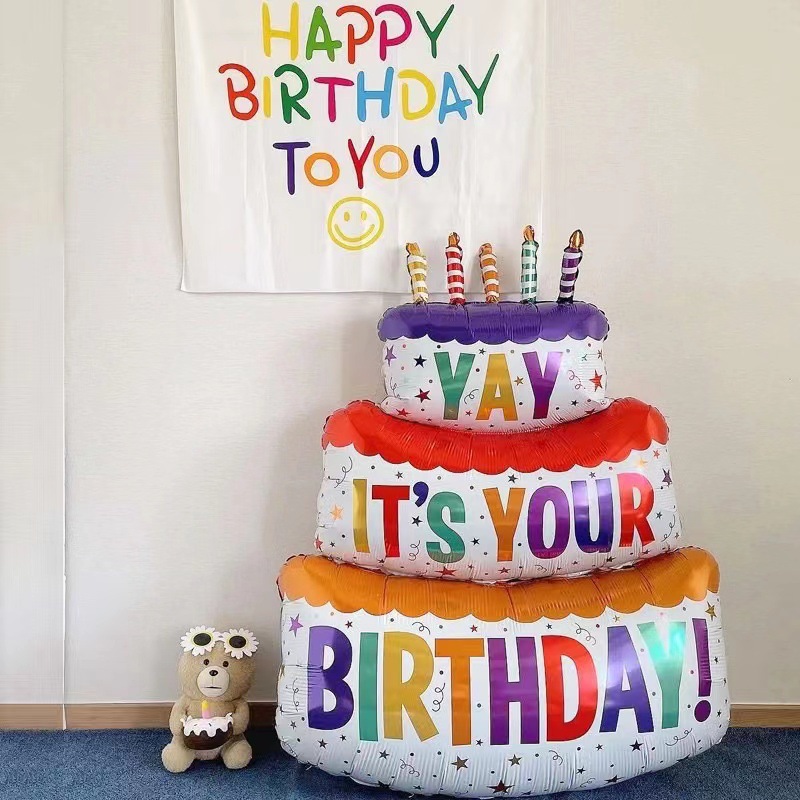 Pastel de cumpleaños 3D, película de aluminio, decoración de globos, pastel de doble capa de colores, suministros para fiesta de cumpleaños para Baby Shower de 1 año