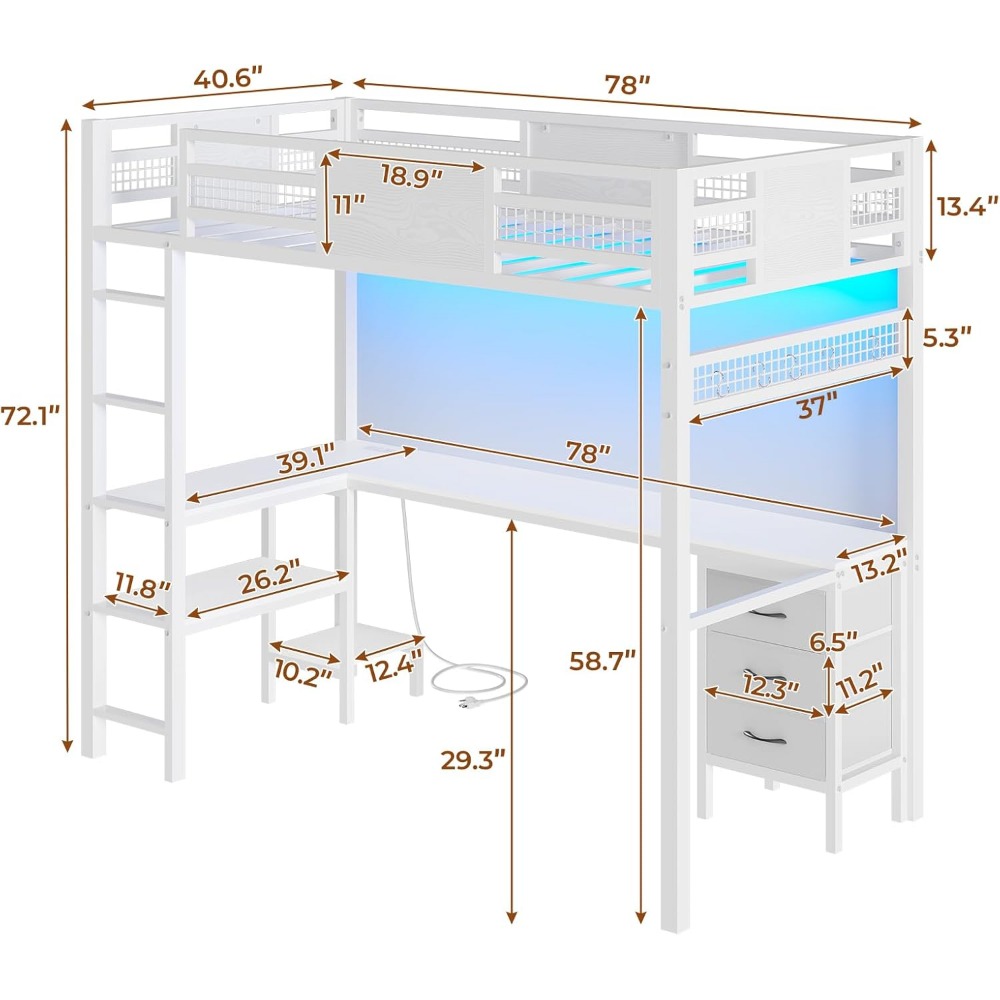 Twin Loft Bed with L-Shaped Desk, Metal Twin Size Bed Frame with LED Lights & Charging Sation, 3 Fabric Drawers, 2-Tier Shelves