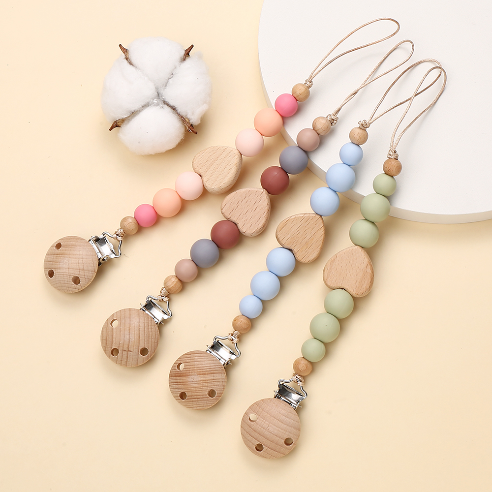 New Heart Wooden Beech Clip Baby Pacifier Chain Silicone Beads Dummy Nipple Holder Guard Teether Pendant Newborn Chew Toys Gift