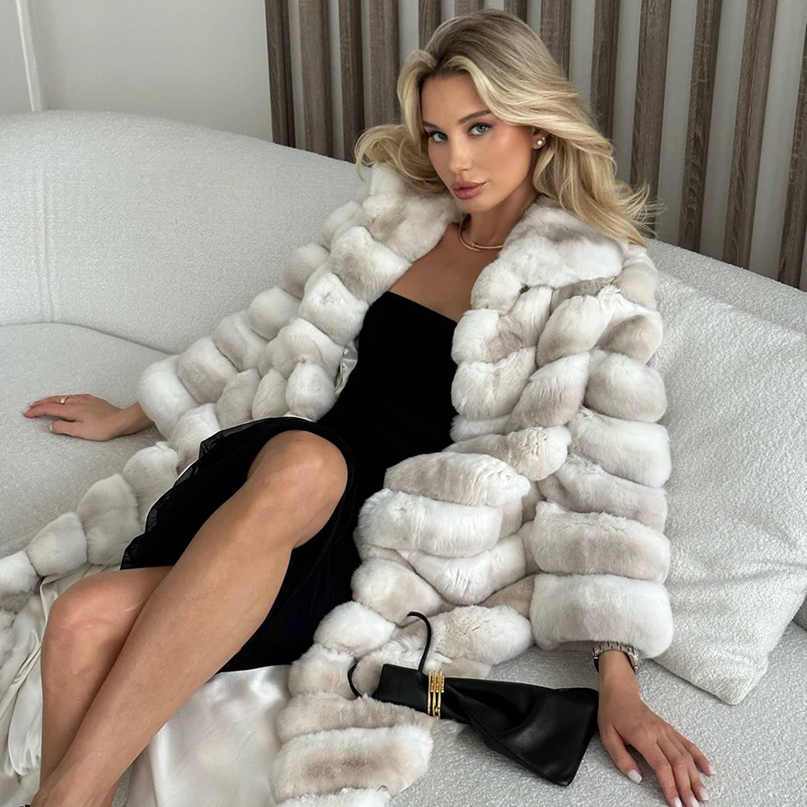 Abrigos de piel de conejo Natural para mujer, Chaqueta larga de piel de conejo Rex Real, abrigo cálido de invierno, superventas, novedad de 2024