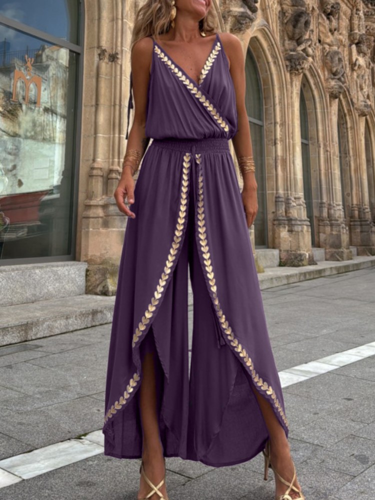 Sommer Vintage Gold Band Grenze Hohe Taille Overalls Elegante Sexy V-ausschnitt Lose Hosenträger Casual Ärmellose Streetwear Strampler