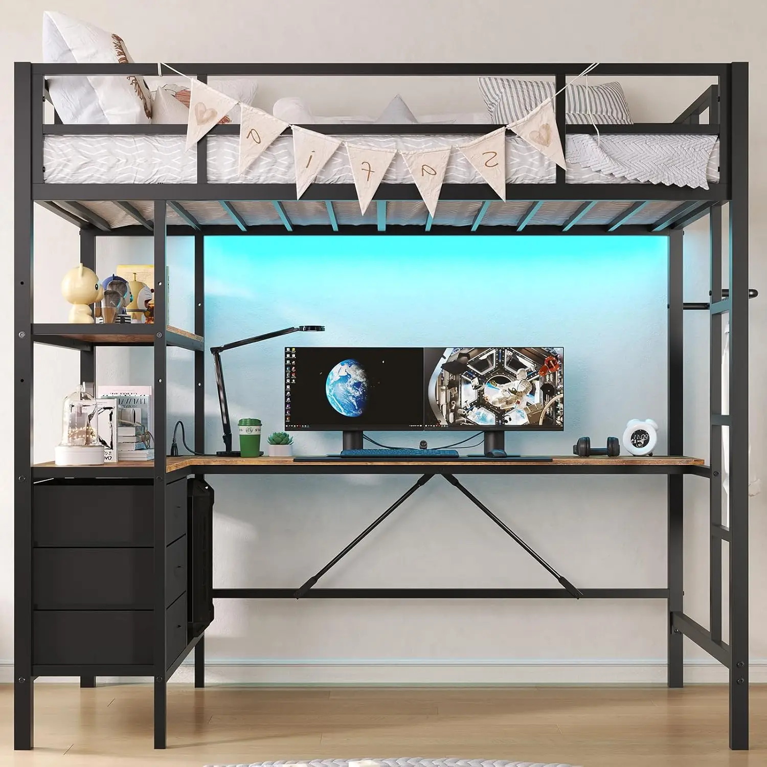 Twin Metal Loft Bed with L-Shaped Desk, LED Lights,Charging Station LED Loft Bed Frame Twin Size with 3 Storage Shelves