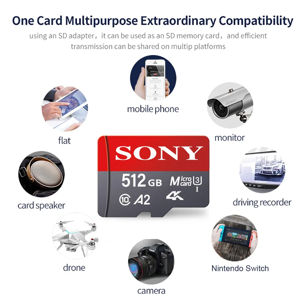 SONY 2TB Micro SD Memory Card 512GB 256GB 128GB 64GB 32GB Micro SD TF Flash Card Class 10 MicroSD for Xiaomi Camera Phone Camera