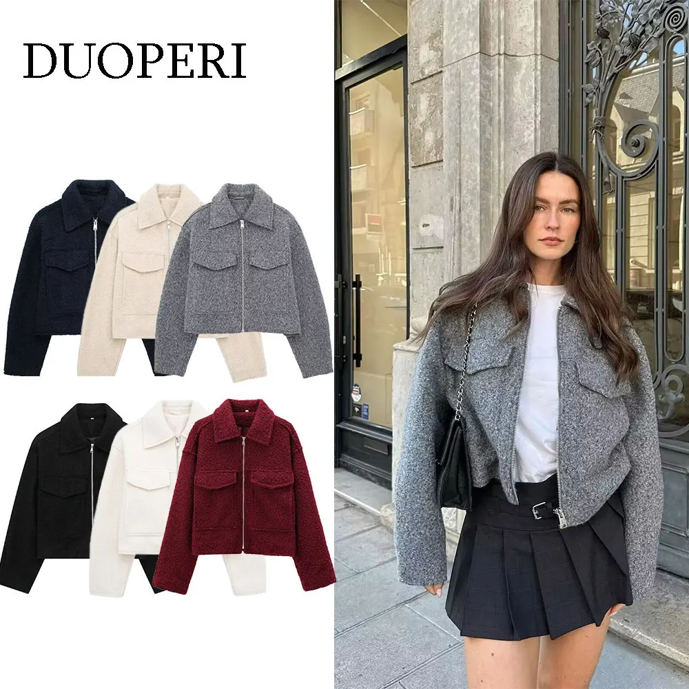 Duoperi-Jaqueta feminina cortada em lã, gola de lapela, mangas compridas, moda chique, casual, curta, moda feminina, inverno, outono