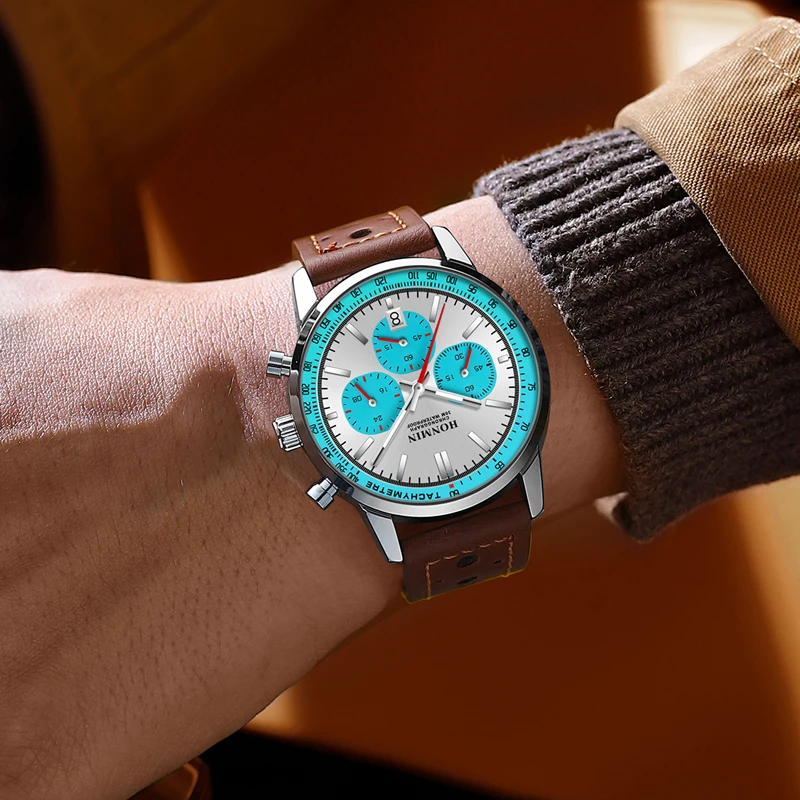 Reloj HONMIN de lujo para hombre, cronógrafo resistente al agua de alta calidad, reloj de pulsera luminoso para hombre, relojes de cuarzo de cuero para hombre, reloj informal