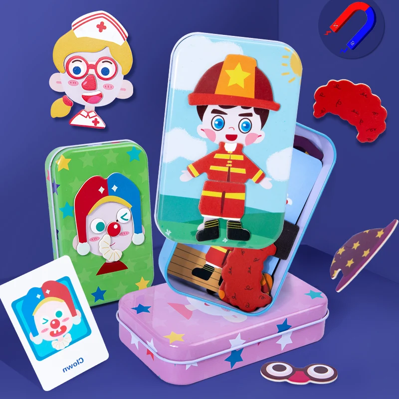 Magnetische 3D Puzzle Kinder Dress Up Ändern Gesichts Ausdruck Spiel Eisen Box Jigsaw Frühe Bildung Fantasie Spielzeug Mädchen Geschenke