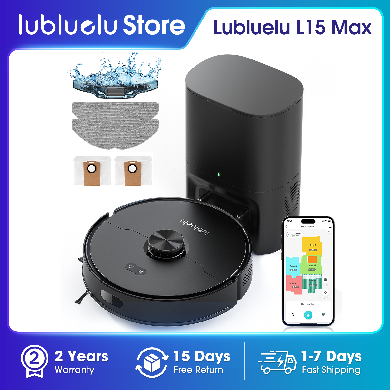 Lubluelu L15 Max  Robot Vacuum Mop Combo 5500Pa Robot Vacuum Auto-Charging  5 Maps 24 No-go Zones 3 In 1 Robot Vacuum Cleaner