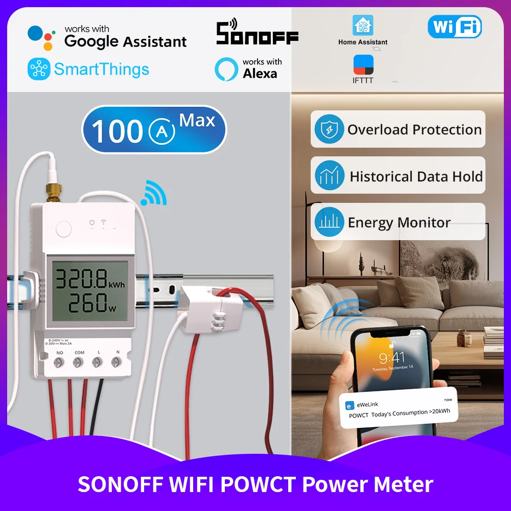 NOVO SONOFF POWCT POW Ring Medidor de energia inteligente Transformador de corrente 100A Contator de monitor de energia funciona com Alexa Google IFTTT